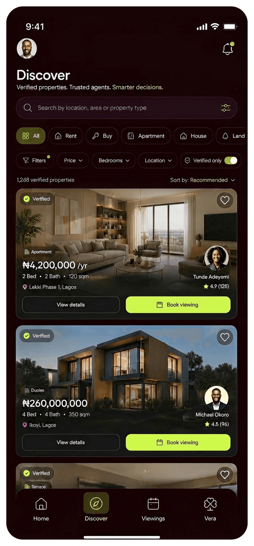 Vera Discover screen showing verified property listings